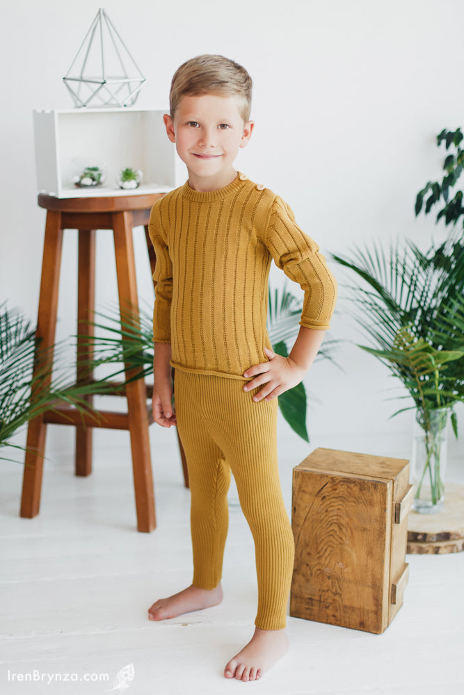 Sofia Kid's Knit Thermal Sweater 100% Soft Merino Wool Mustard Ages 2-4yo