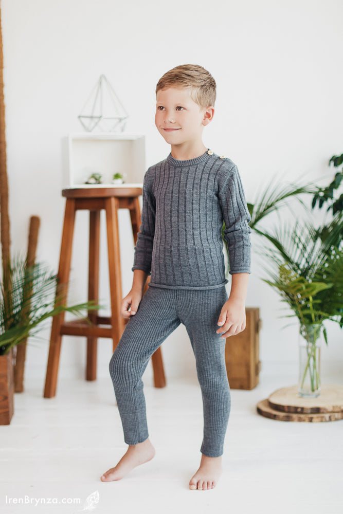 Sofia Kid's Knit Thermal Leggings 100% Soft Merino Wool Gray Ages 2-4yo