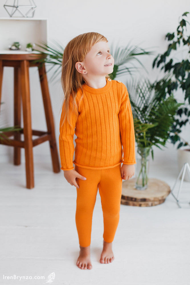 Sofia Kid's Knit Thermal Leggings 100% Soft Merino Wool Orange 2-5yo