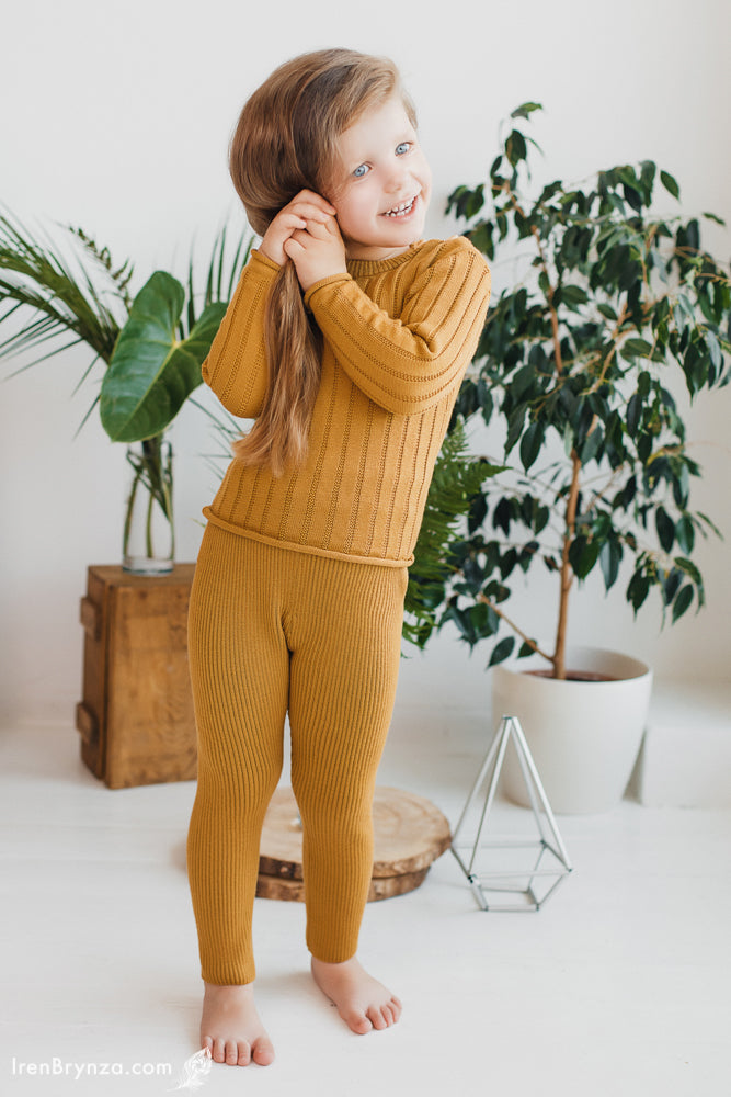 Sofia Kid's Knit Thermal Leggings 100% Soft Merino Wool Mustard Ages 2-4yo