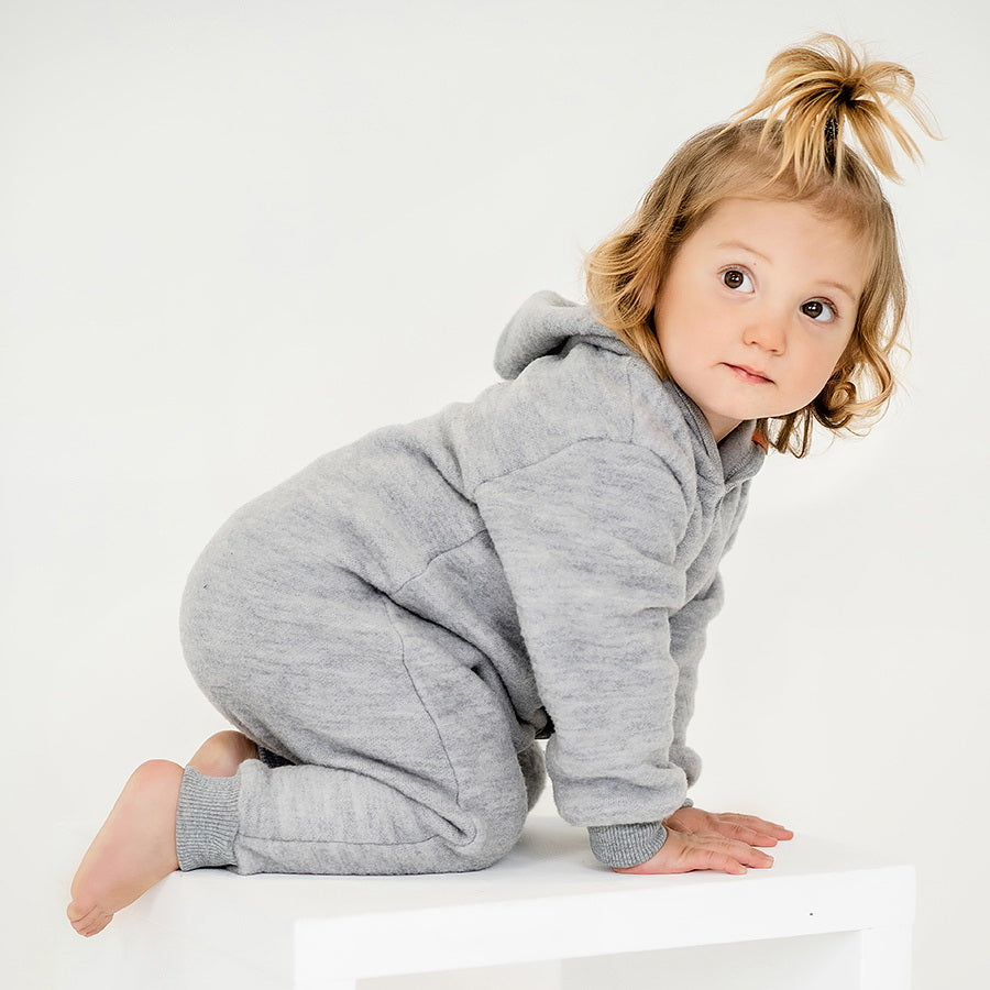 Wooly Kid's Thermal Fleece Jumpsuit 100% Soft Merino Wool Gray