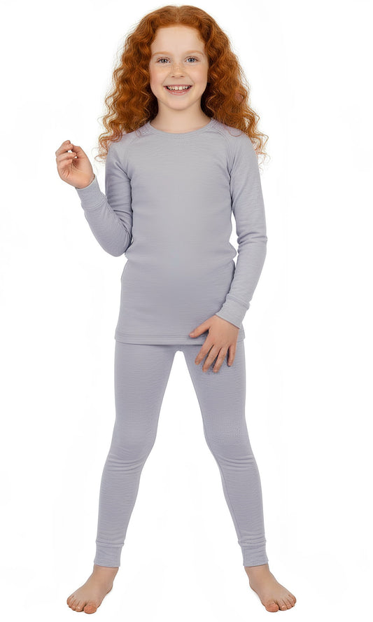 Wooly Kid's Thermal Underwear Set Soft Merino Wool Steel Grey Ages 2-12yo