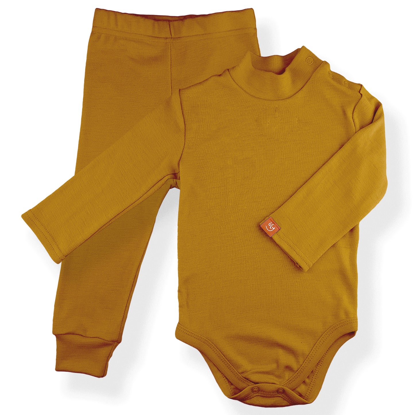 Wooly Thermal Baby Set: Turtleneck Bodysuit + Leggings 100% Soft Merino Wool Mustard